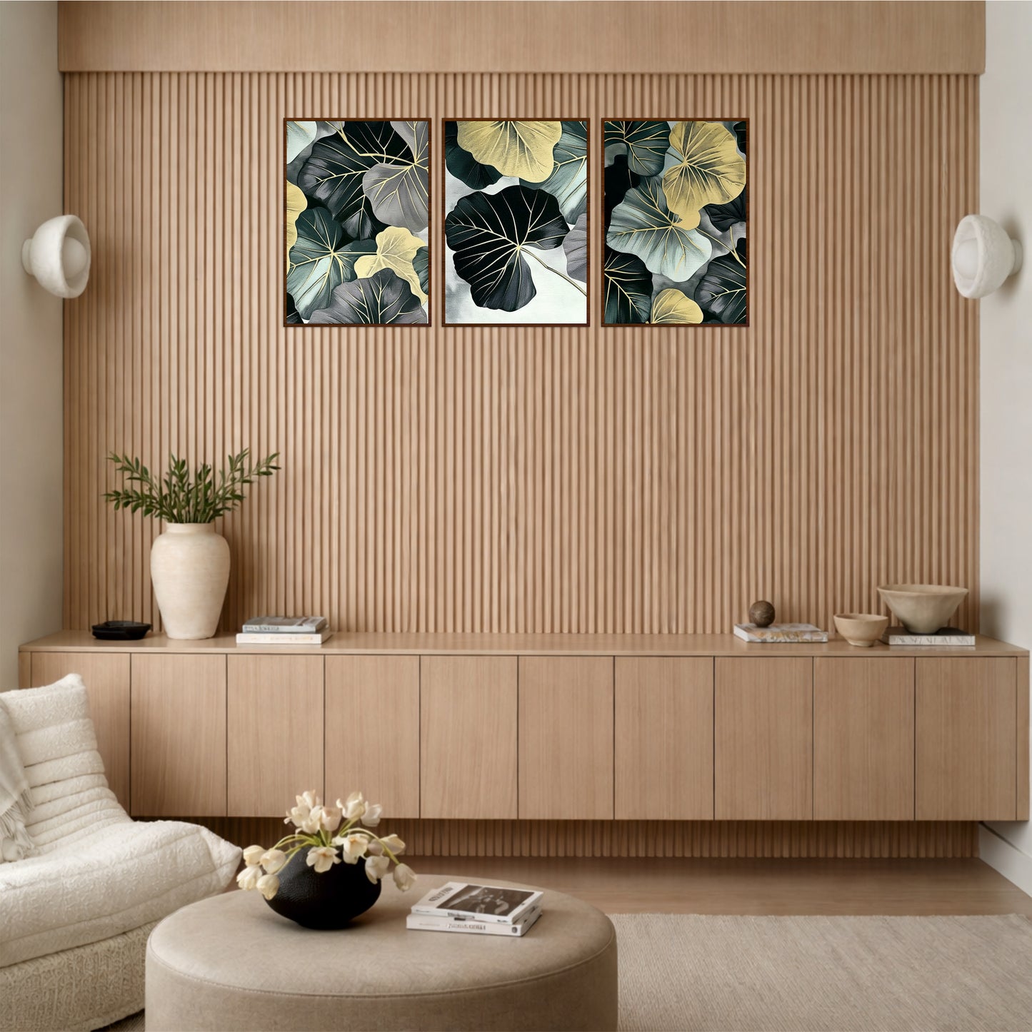 Black & Gold Lotus Leaf Wooden Wall Art Set
