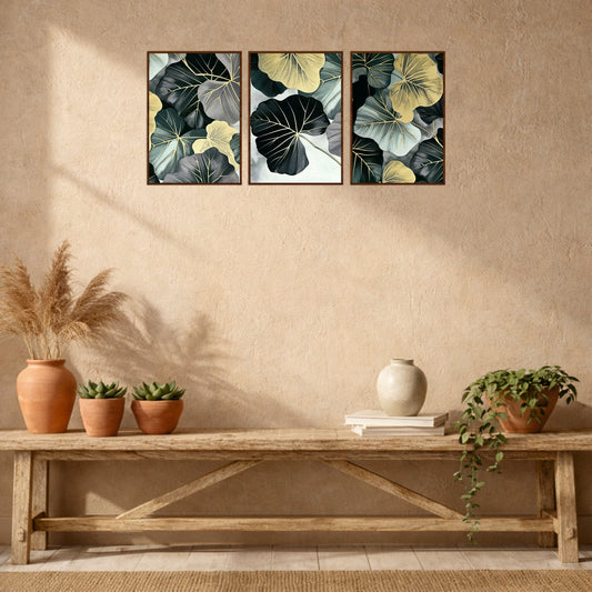 Black & Gold Lotus Leaf Wooden Wall Art Set