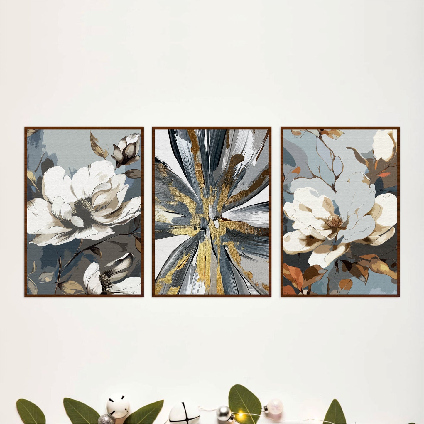 White Magnolia & Abstract Wooden Wall Art Set