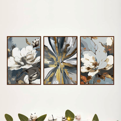 White Magnolia & Abstract Wooden Wall Art Set