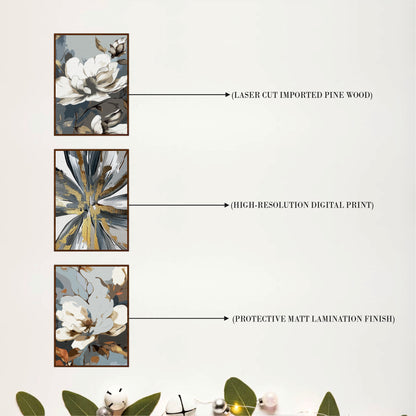 White Magnolia & Abstract Wooden Wall Art Set