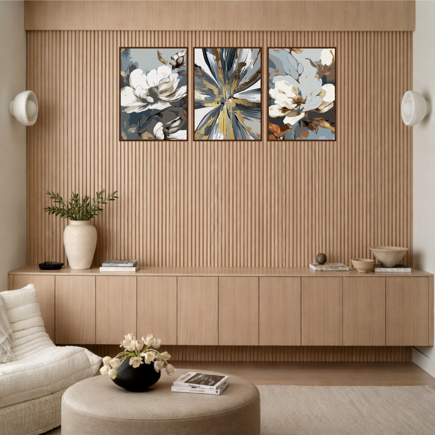 White Magnolia & Abstract Wooden Wall Art Set