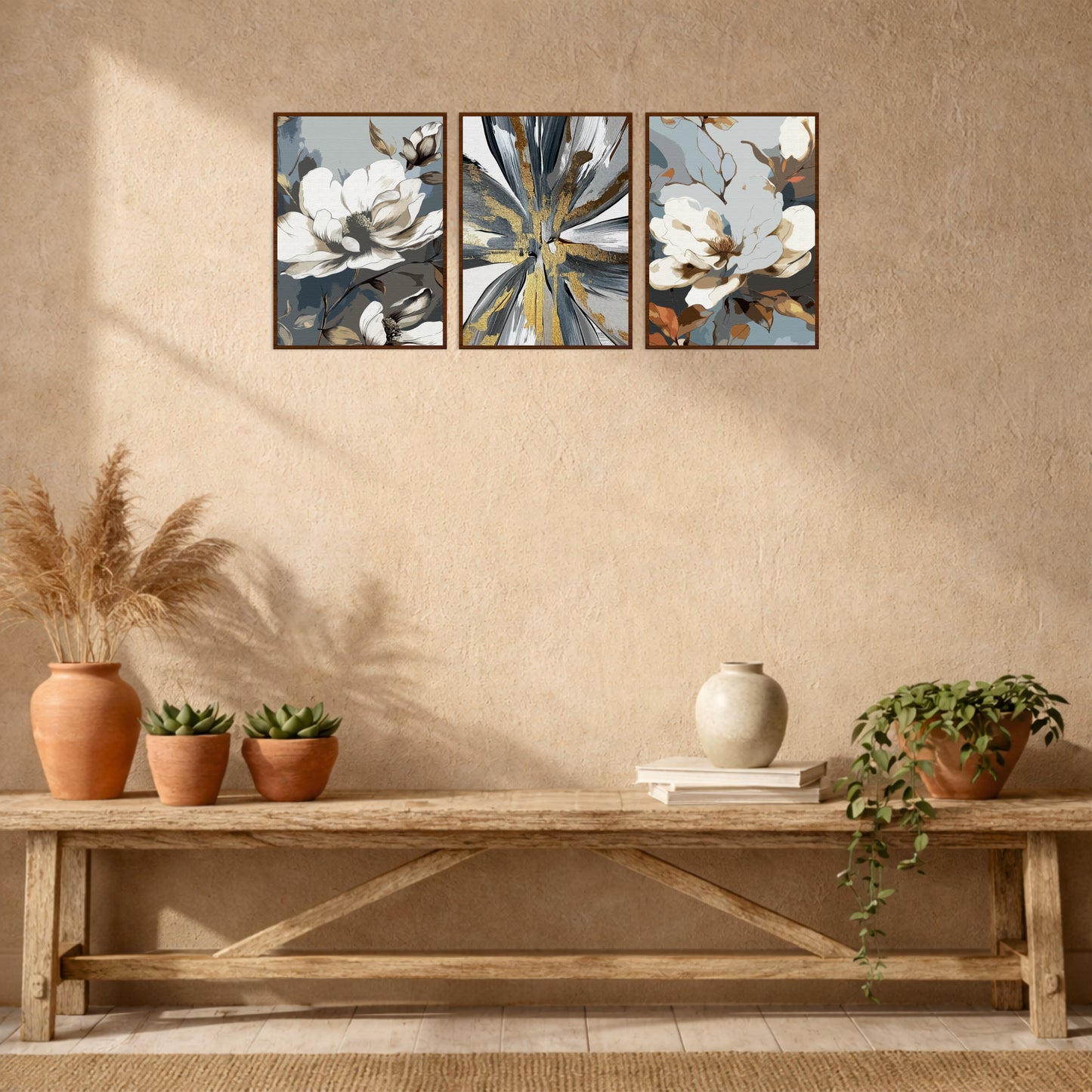 White Magnolia & Abstract Wooden Wall Art Set