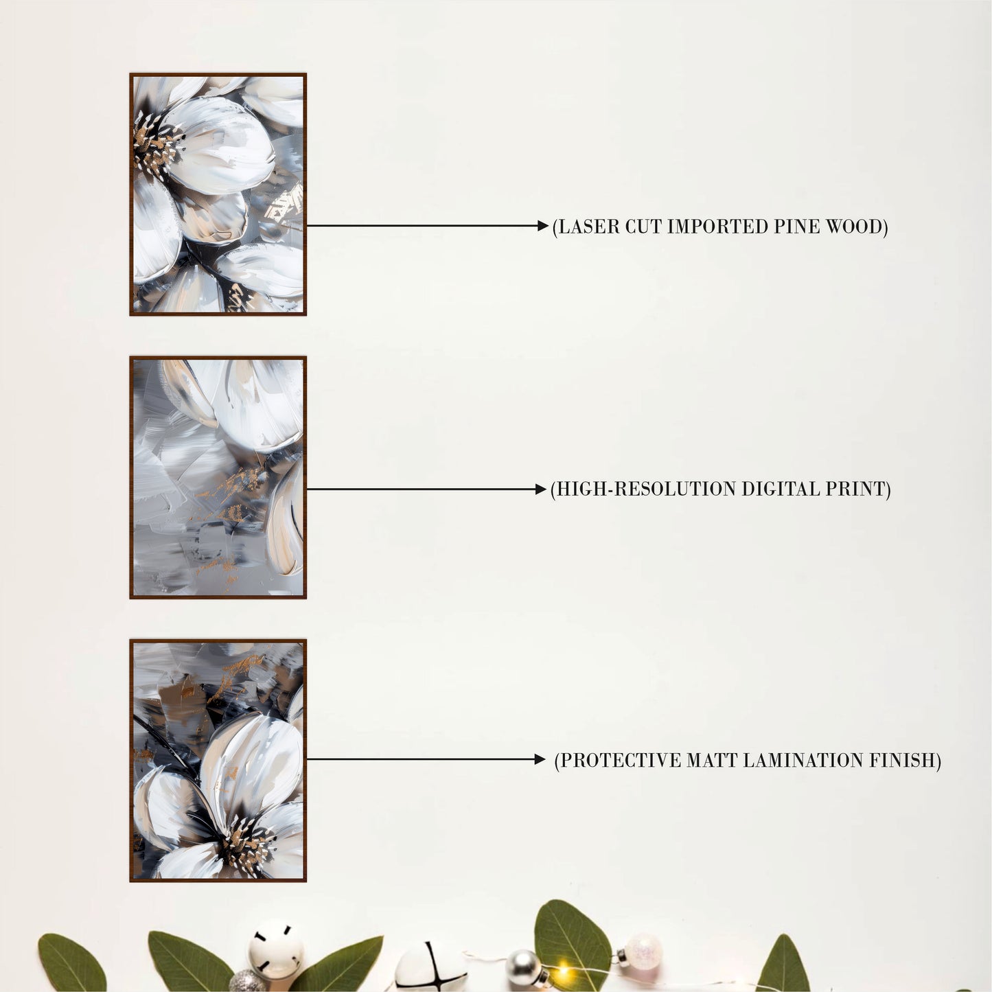 Monochrome Floral Wooden Wall Art Set