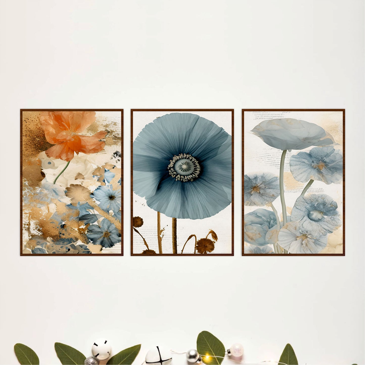 Blue & Amber Floral Wooden Wall Art Set