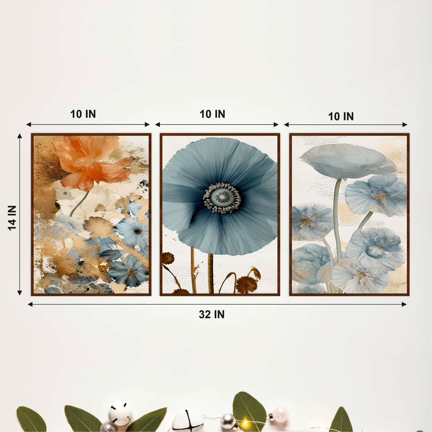 Blue & Amber Floral Wooden Wall Art Set