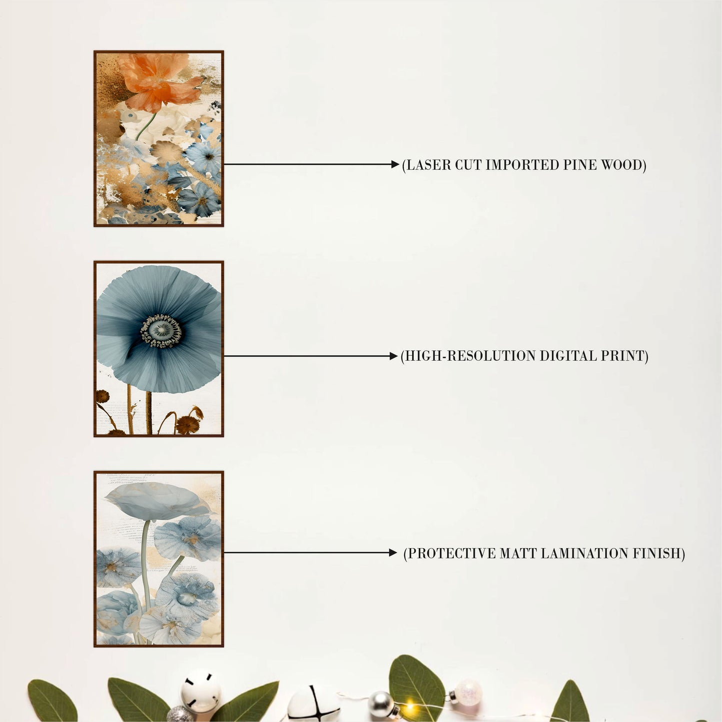 Blue & Amber Floral Wooden Wall Art Set