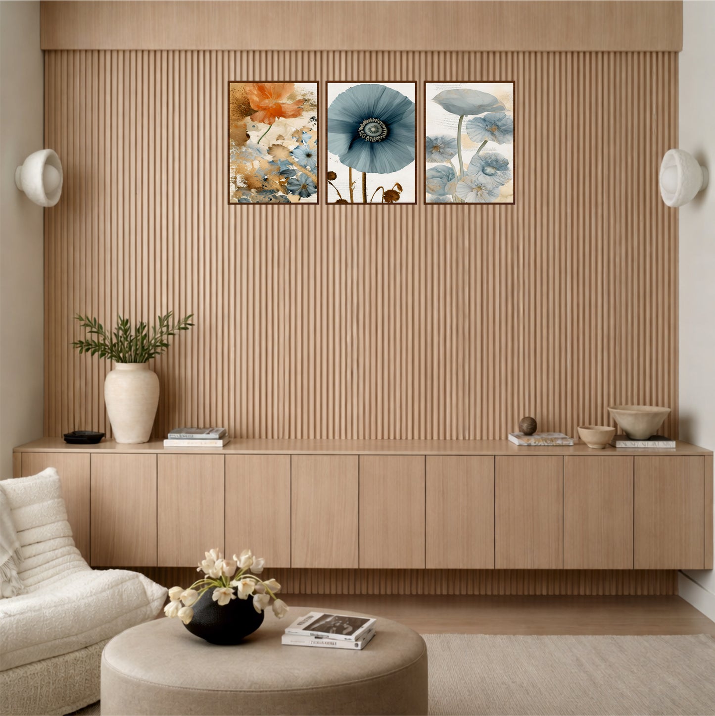 Blue & Amber Floral Wooden Wall Art Set