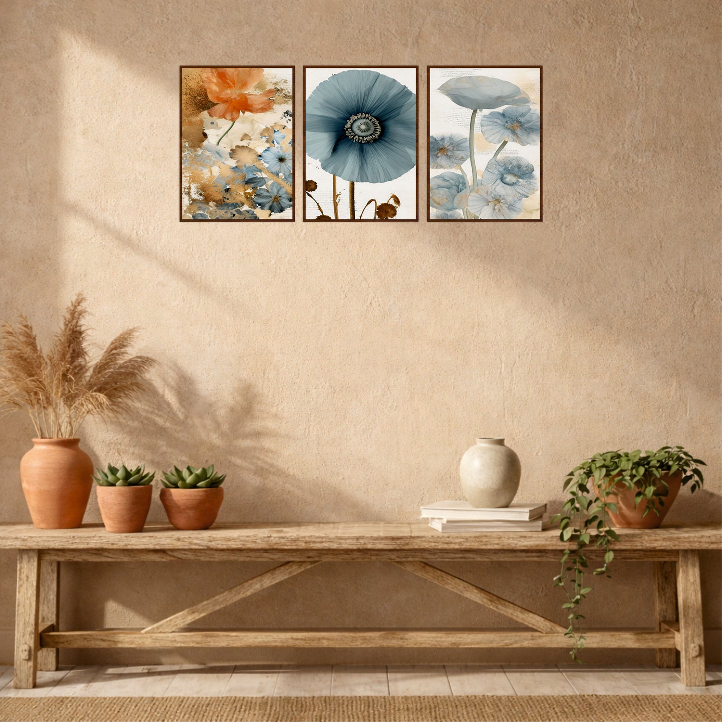 Blue & Amber Floral Wooden Wall Art Set
