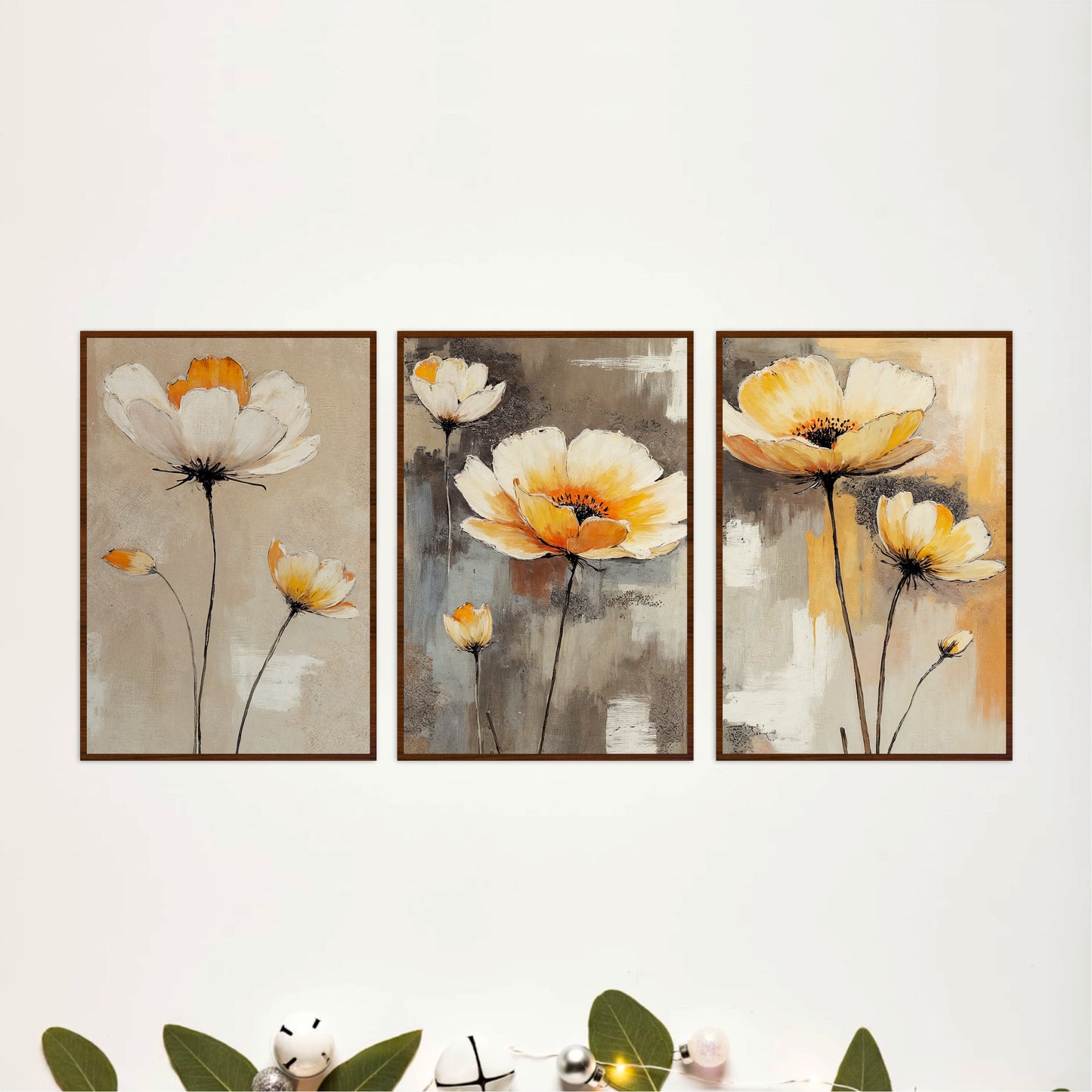 Minimal White Poppy Floral Wooden Wall Art Set