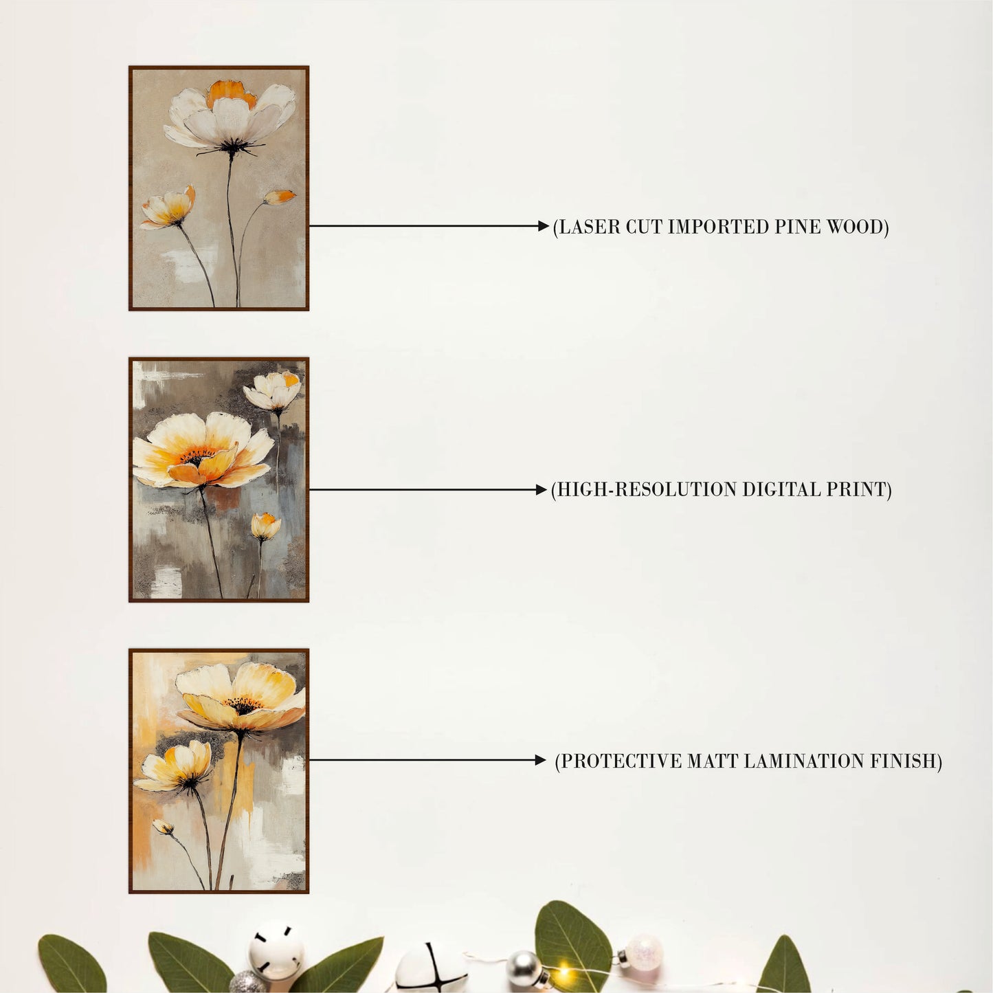 Minimal White Poppy Floral Wooden Wall Art Set
