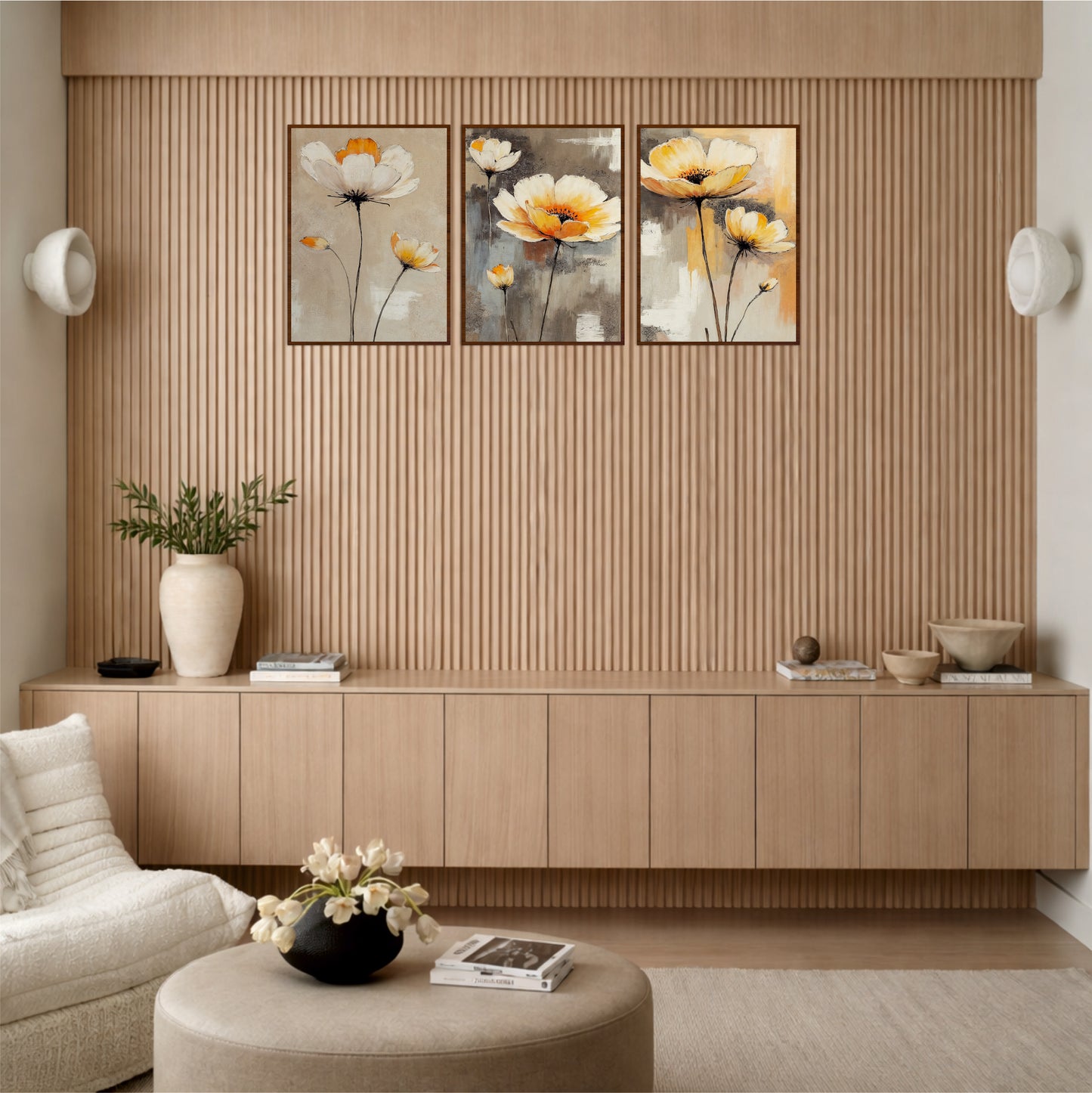 Minimal White Poppy Floral Wooden Wall Art Set