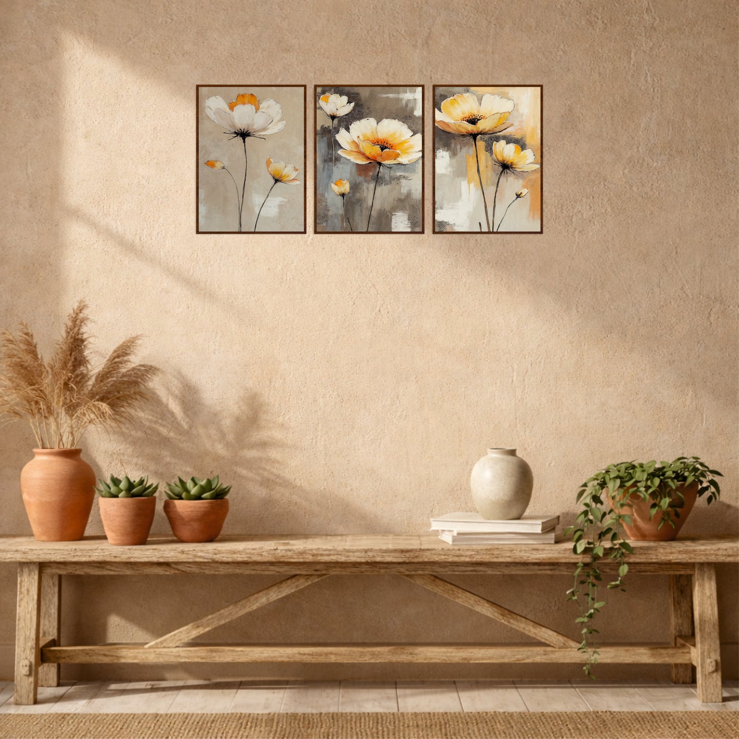 Minimal White Poppy Floral Wooden Wall Art Set