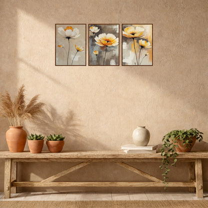 Minimal White Poppy Floral Wooden Wall Art Set