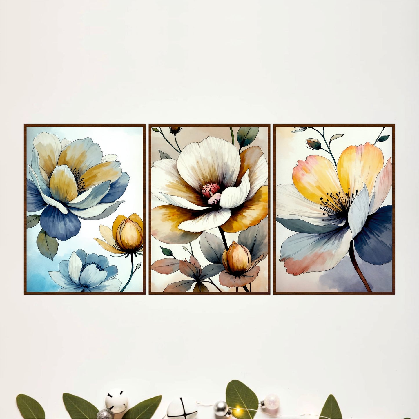 Elegant Watercolor Floral Triptych Wooden Wall Art
