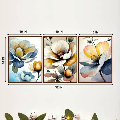 Elegant Watercolor Floral Triptych Wooden Wall Art