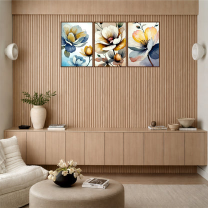 Elegant Watercolor Floral Triptych Wooden Wall Art