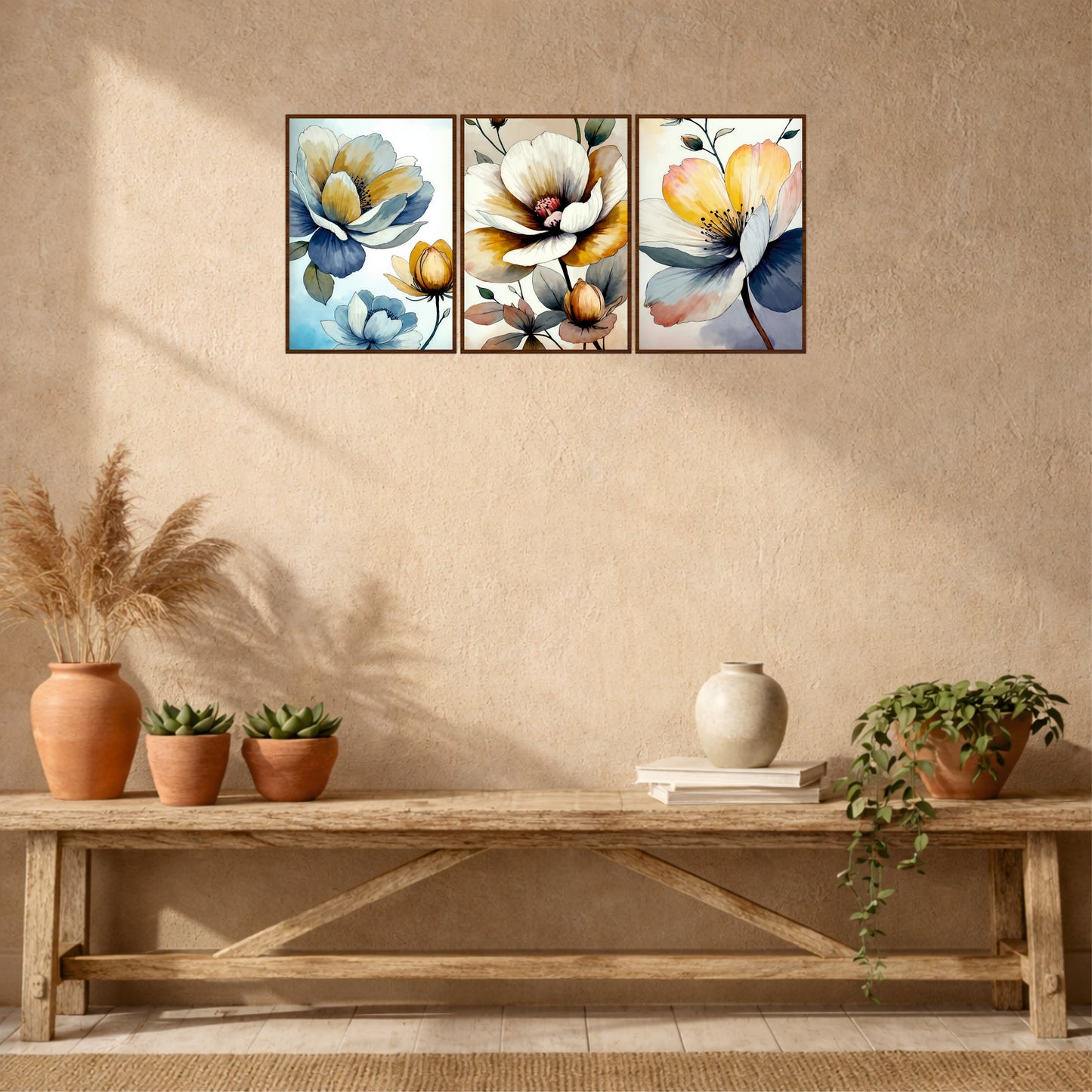 Elegant Watercolor Floral Triptych Wooden Wall Art