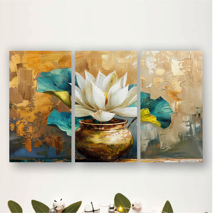 White Lotus in Golden Vase Wooden Wall Art