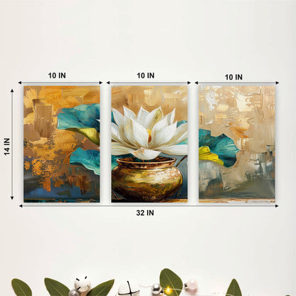 White Lotus in Golden Vase Wooden Wall Art