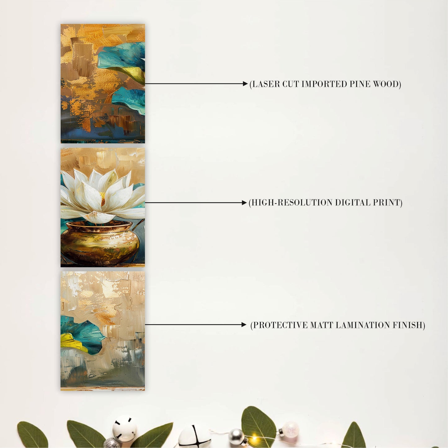 White Lotus in Golden Vase Wooden Wall Art
