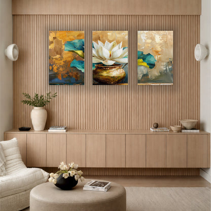 White Lotus in Golden Vase Wooden Wall Art