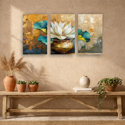 White Lotus in Golden Vase Wooden Wall Art