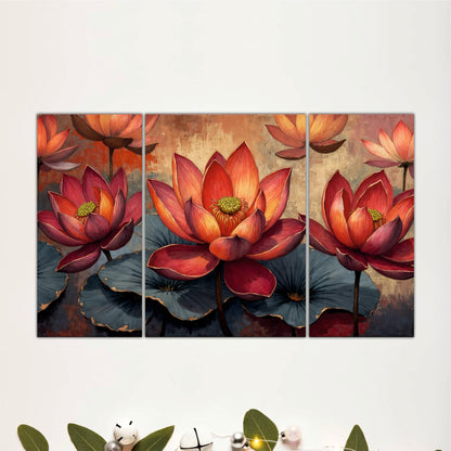 Artistic Red Lotus Flowers Wooden Wall Art