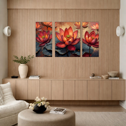 Artistic Red Lotus Flowers Wooden Wall Art