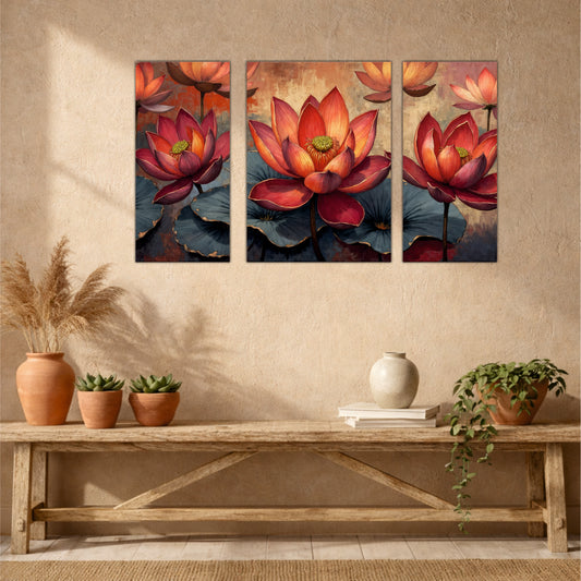 Artistic Red Lotus Flowers Wooden Wall Art