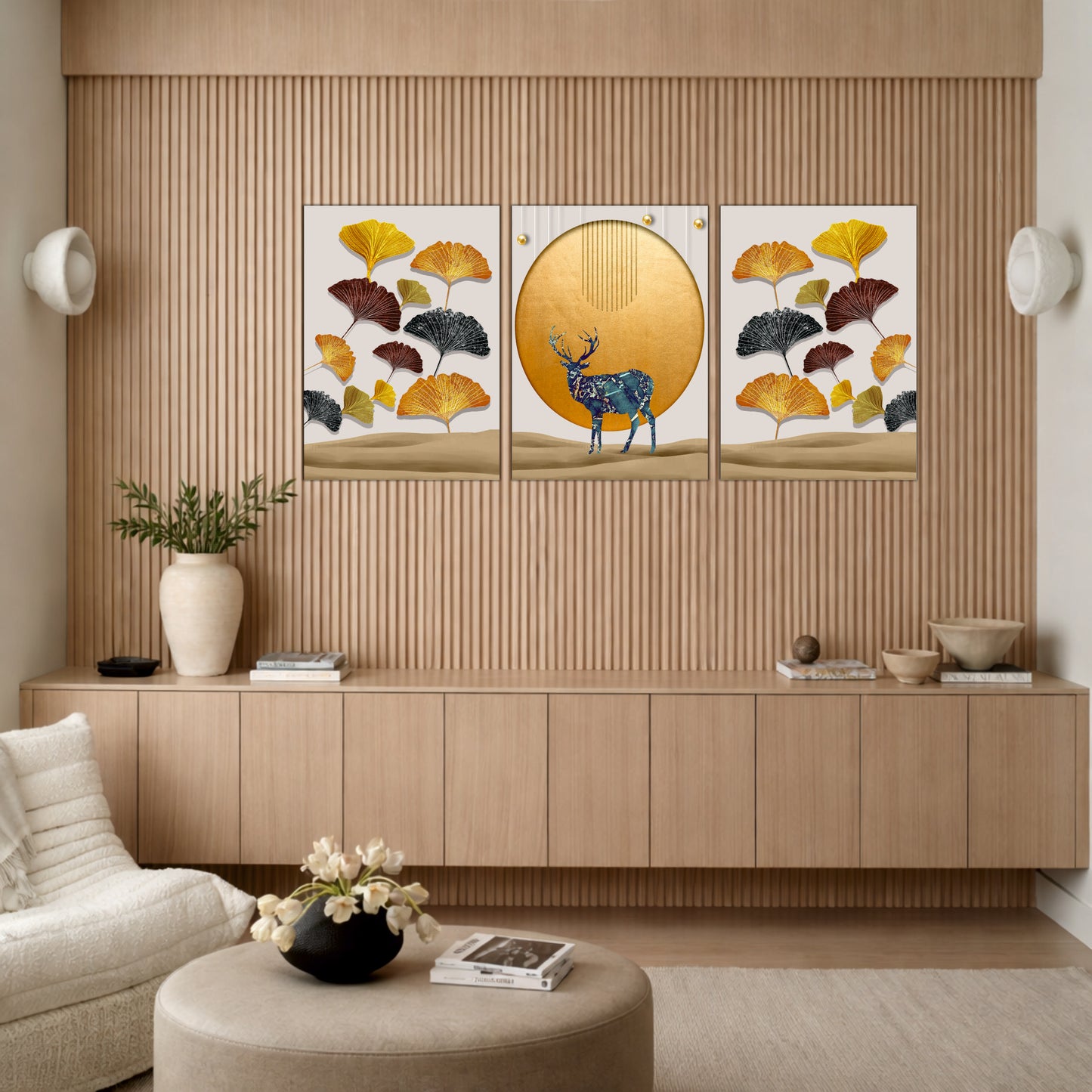 Elegant Deer and Golden Ginkgo Wooden Wall Decor