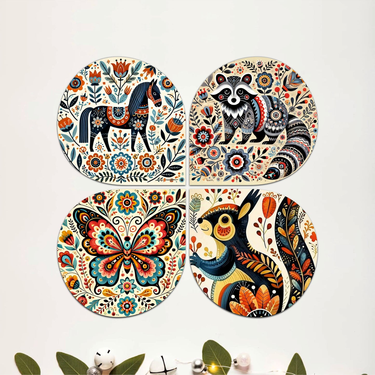 Decorative Folk Art Bird Round Wooden Wall Art