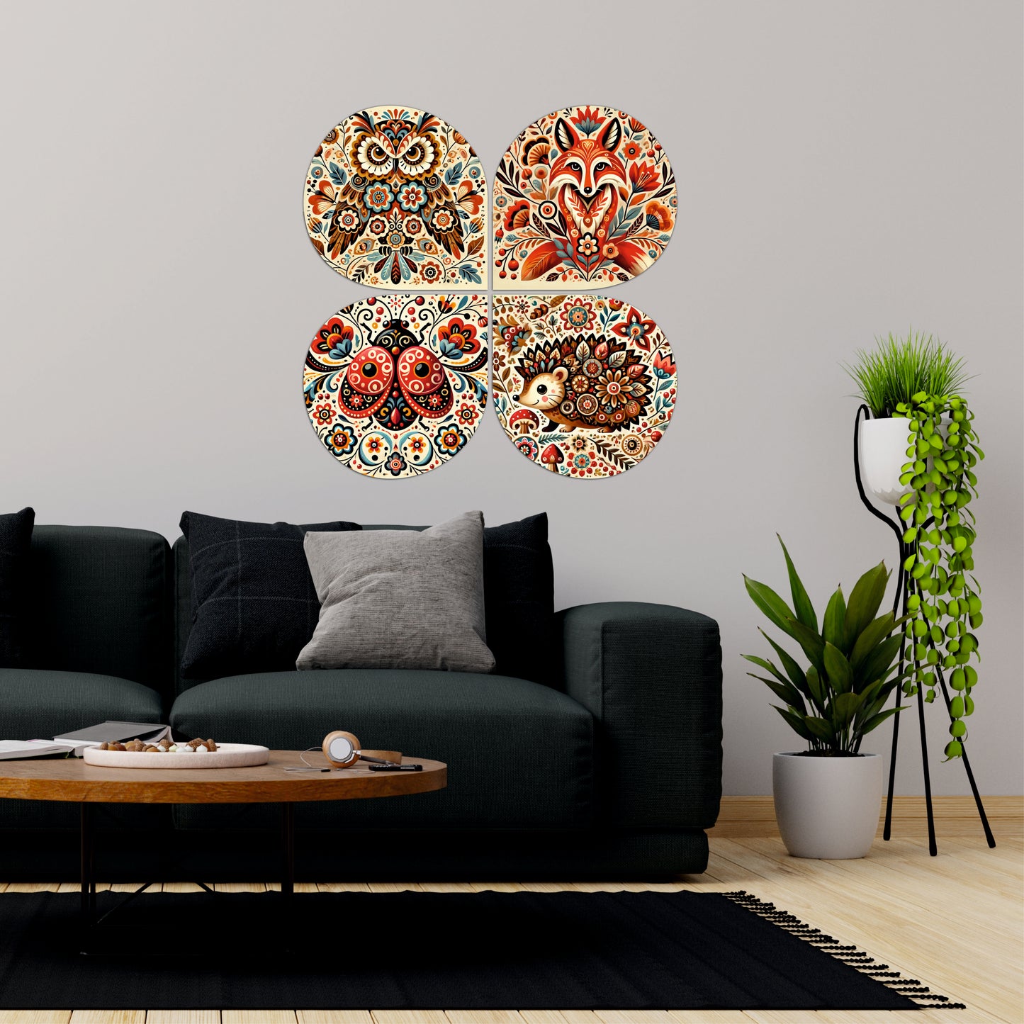 Decorative Hedgehog Folk Art Round Wooden Wall Art