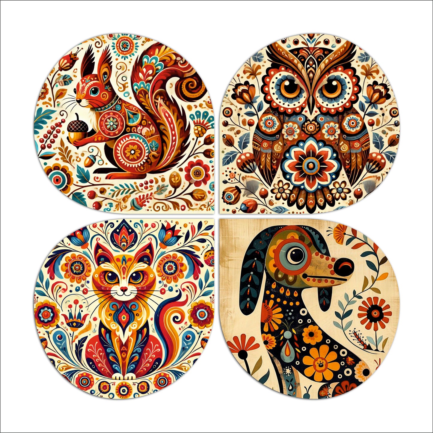 Colorful Folk Art Cat Round Wooden Wall Art