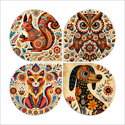 Colorful Folk Art Cat Round Wooden Wall Art