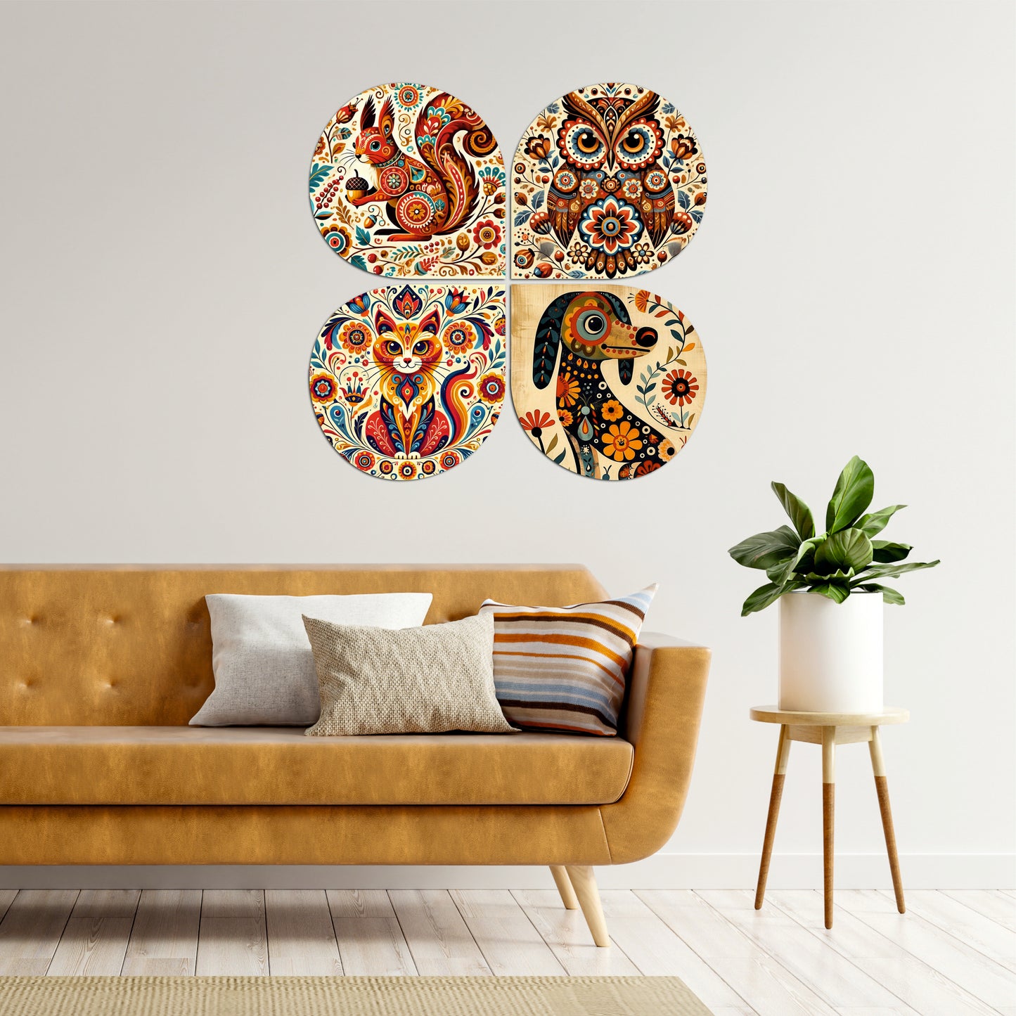 Colorful Folk Art Cat Round Wooden Wall Art