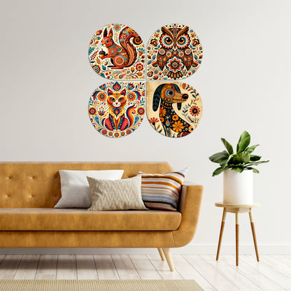 Colorful Folk Art Cat Round Wooden Wall Art
