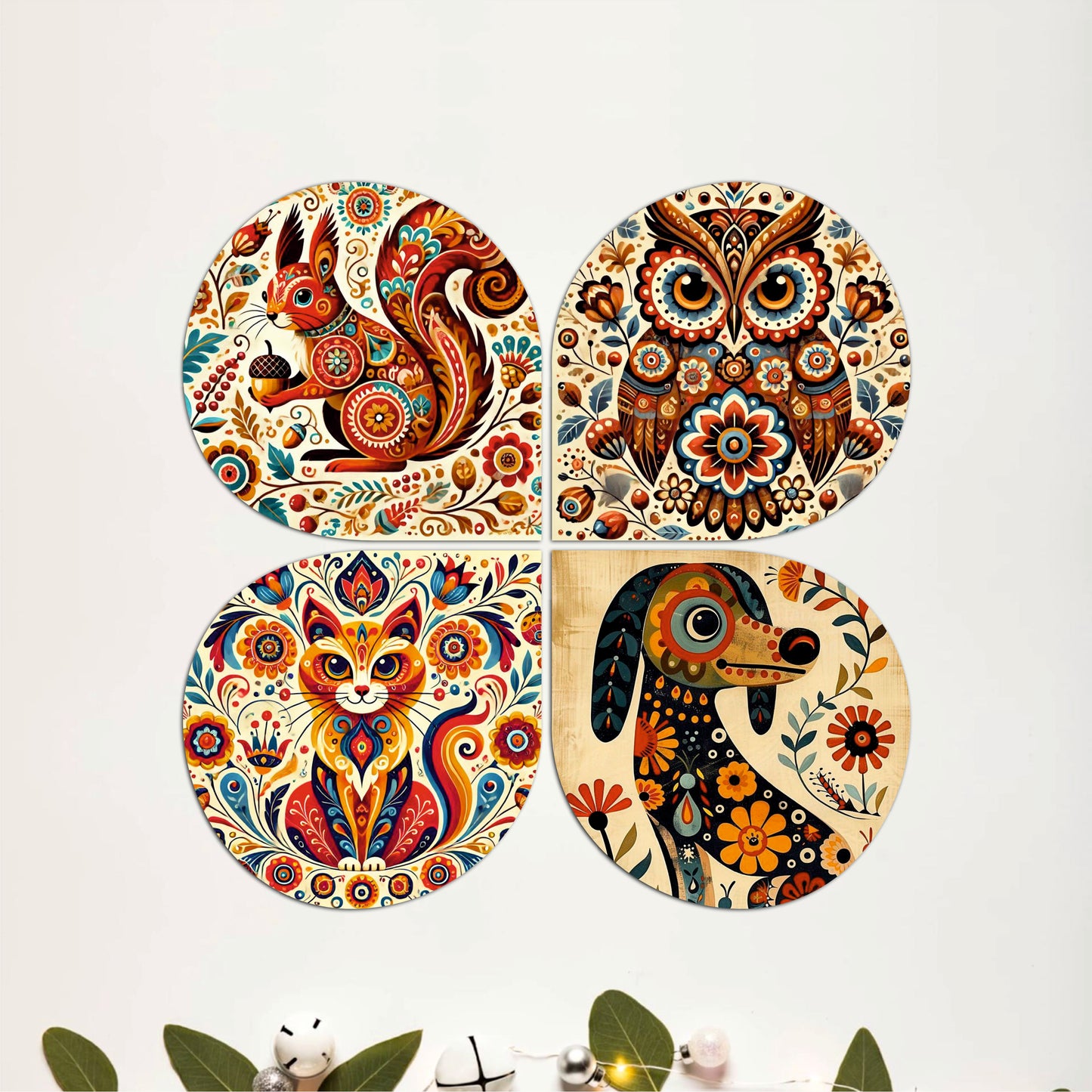Colorful Folk Art Cat Round Wooden Wall Art