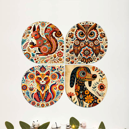 Colorful Folk Art Cat Round Wooden Wall Art