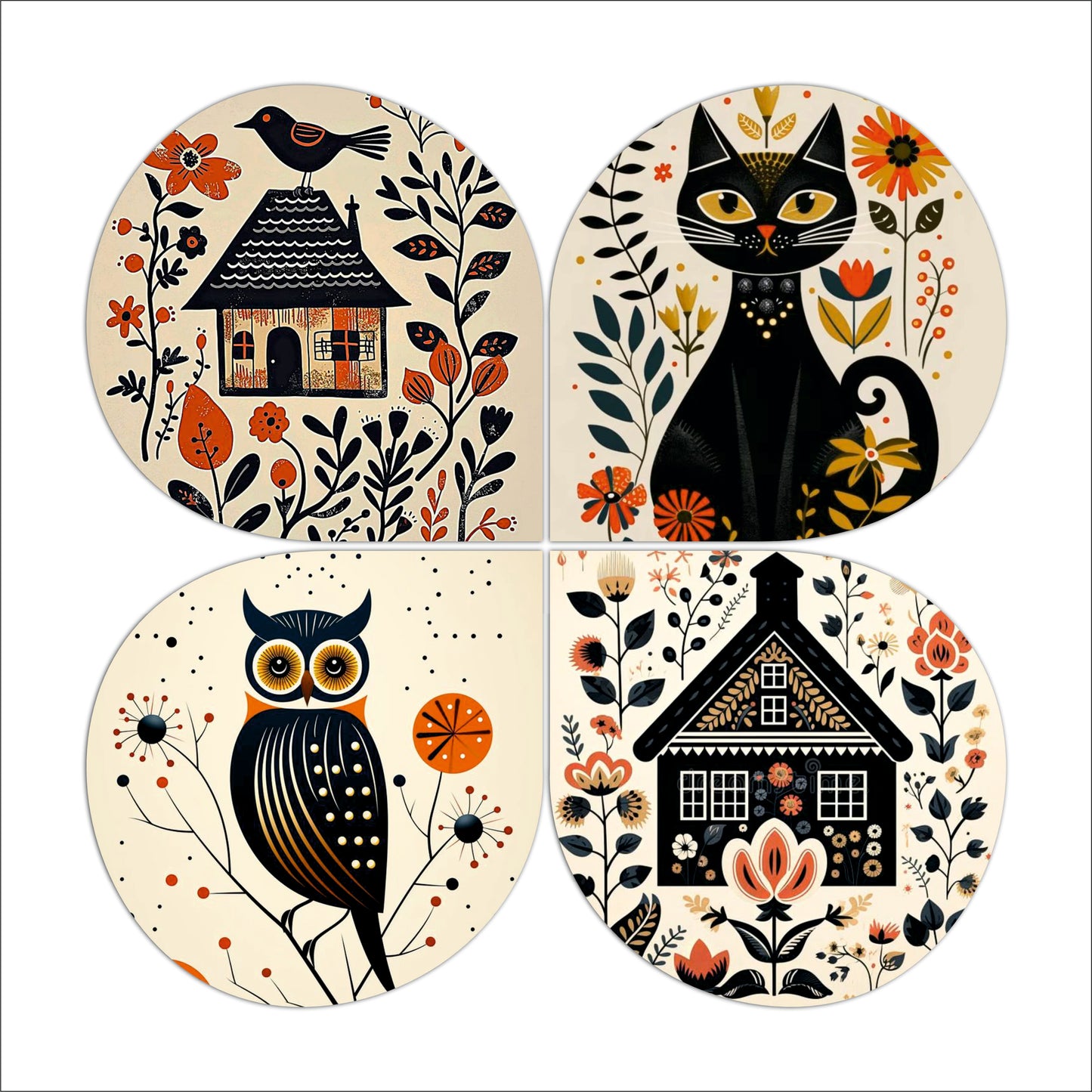 Bird & Cottage Folk Art Round Wooden Wall Art