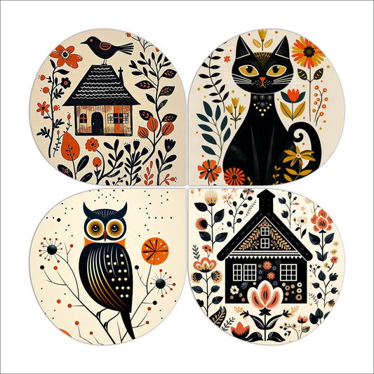 Bird & Cottage Folk Art Round Wooden Wall Art