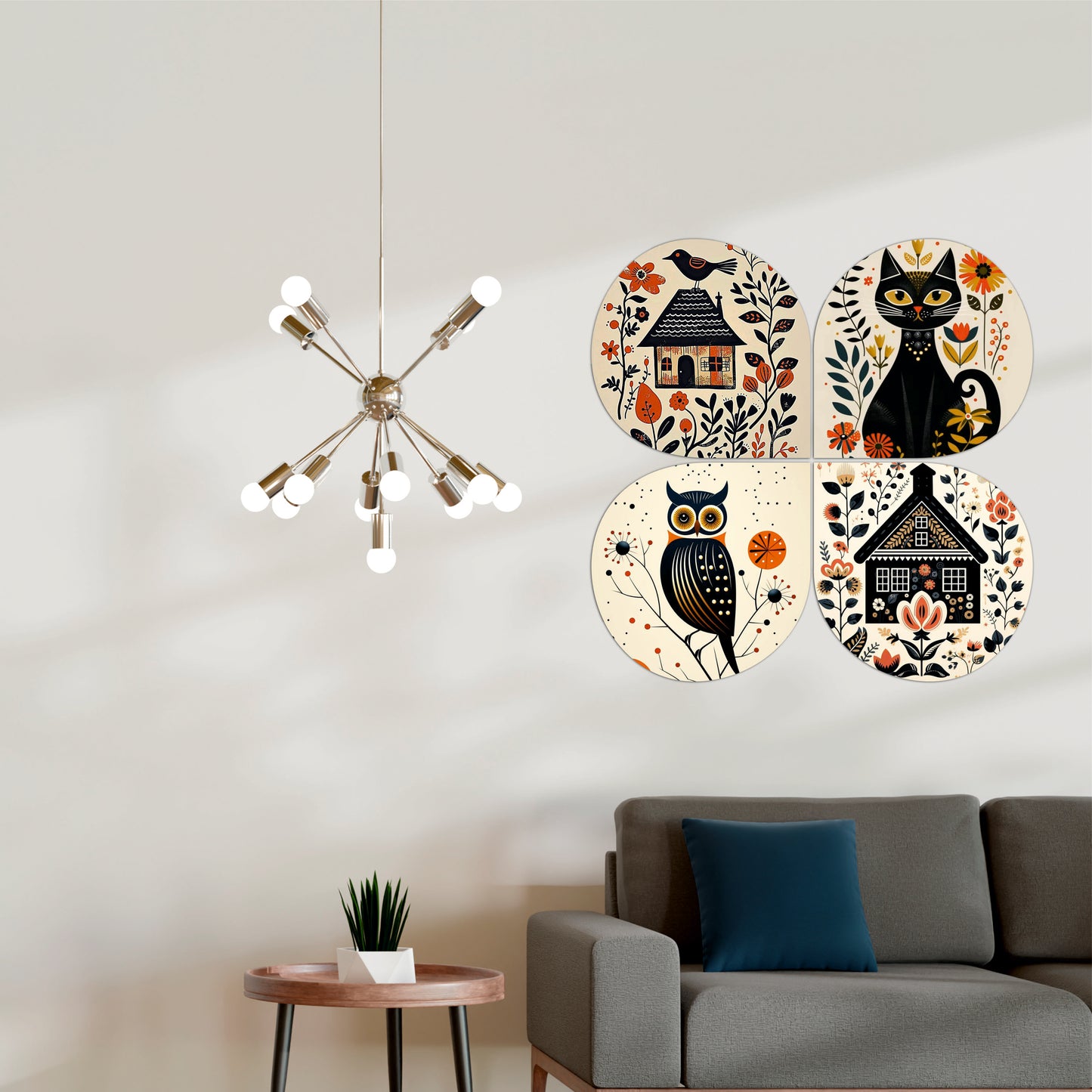 Bird & Cottage Folk Art Round Wooden Wall Art