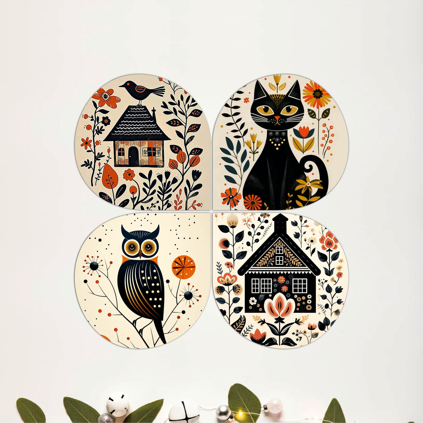 Bird & Cottage Folk Art Round Wooden Wall Art