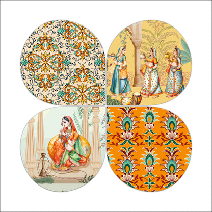 Vintage Floral Tile Pattern Round Wooden Wall Art
