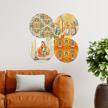 Vintage Floral Tile Pattern Round Wooden Wall Art