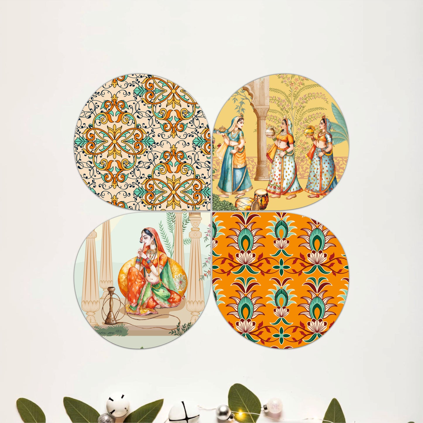 Vintage Floral Tile Pattern Round Wooden Wall Art