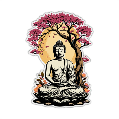 Meditating Buddha Under Blossom Tree Wooden Wall Art