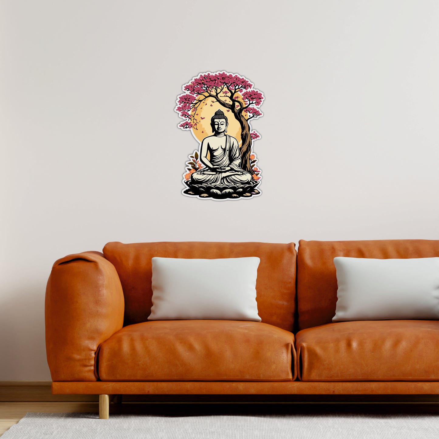 Meditating Buddha Under Blossom Tree Wooden Wall Art