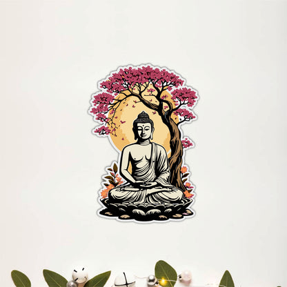 Meditating Buddha Under Blossom Tree Wooden Wall Art