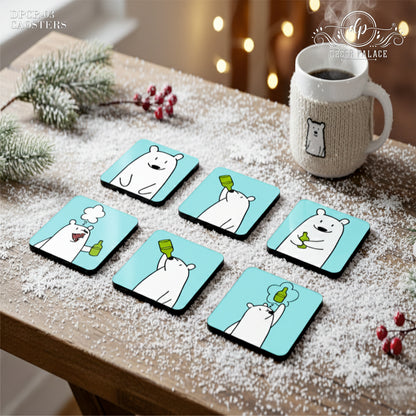 Cute Bear Cartoon Wooden Coasters Set of 4
